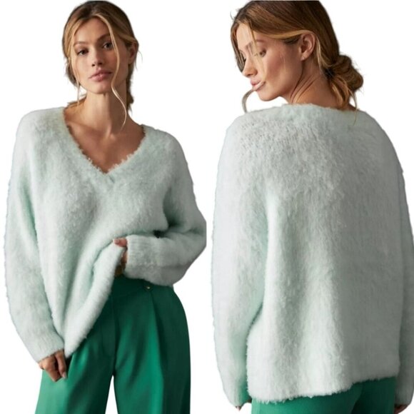 Anthropologie Maeve Plush V-neck Sweater Mint Green Fluffy Cozy Oversized Size S - Picture 1 of 10